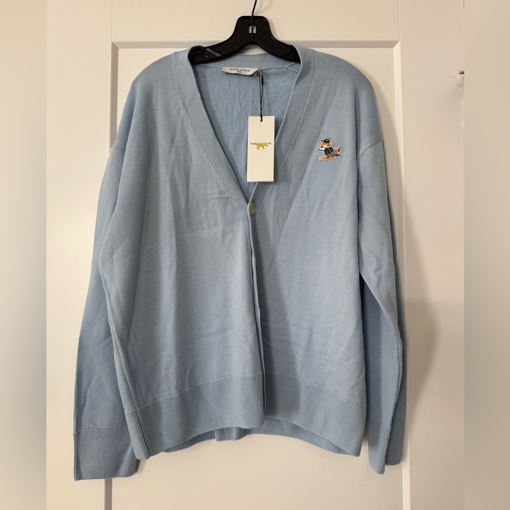 MAISON KITSUNÉ Dressed Fox Patch Wool Loose Fit Cardigan In Blue
